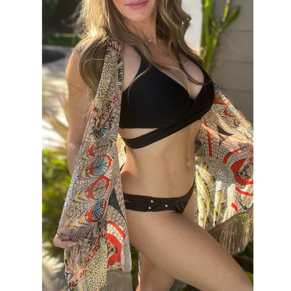 Kimono Colorful Native Print and Tan Fringe, One Size